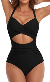 One Piece Swimsuit Solid Color Sexy Hollow Out Cross Strap Bathing Suit for Women
