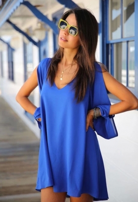 Sexy Plus Size Chiffon Off-The-Shoulder Dress  Blue