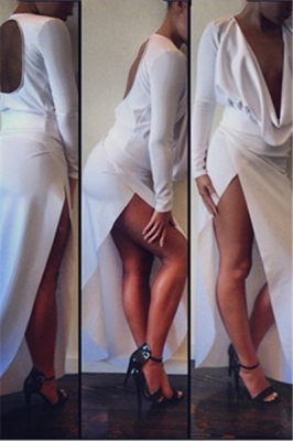 Sexy Plunge V Neck Long Sleeves Hollow Out Back Side Split Maxi Dress White