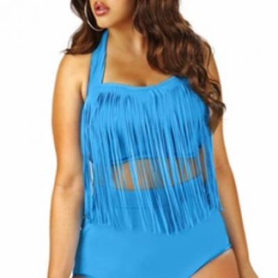 High waisted plus size fringe bikinis hot sale in blue