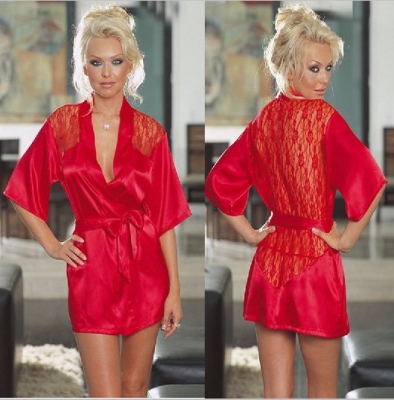 Plus size Sexy Charmeuse Sleepwear Robe Red
