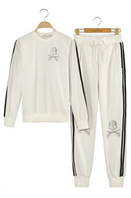 Skull with Cross Guns Sequined Long-sleeve Hoody and Long Pants Leisure Suits White