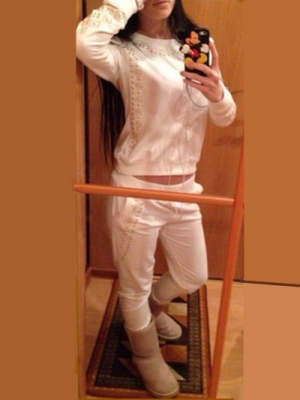 Fashion Skull Sequined Long-sleeve Hoody and Long Pants Set White