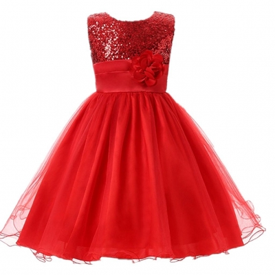 Little Girls' Sequin Mesh Flower Ball Gown Party Dress Tulle Prom Red