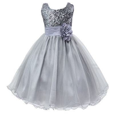 Little Girls' Sequin Mesh Flower Ball Gown Party Dress Tulle Prom Grey
