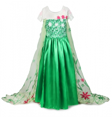 New Princess Party Dress Costume With Flower Cape Green