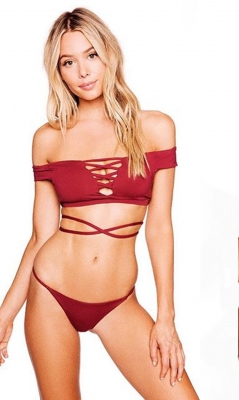 2017 Women Bathing Suits Off Shoulder Bikini Swimwear Print Swimsuit Sexy Wine Red