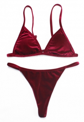 2017 Women's Sexy Velvet Triangle Brazilian Thong Bikinis Sets Wine Red