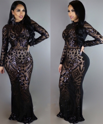 Charming Women O-Neck With Sequins Patchwork Long Sleeves Bodycon Long Evening Dress