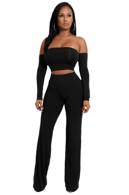 Black Strapless Long Sleeve Strappy Two-piece Of Pantsuit 