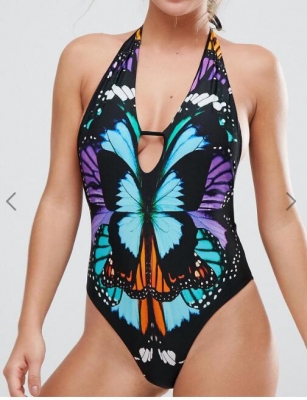 Butterfly Print Halter One-Piece Swimsuit