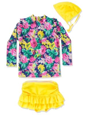 Toddlers Girls 3PCS Chic Swimsuit Long Sleeves Rash Guard Swimwear