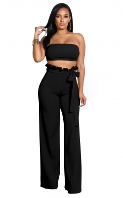 Top Wrapped Women Sexy Expose Navel Two Pieces Suit Black