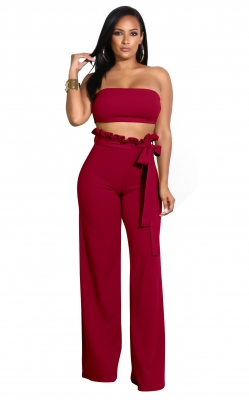 Top Wrapped Women Sexy Expose Navel Two Pieces Suit Wine Red 