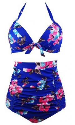 Halterneck Top And High Waist Bottom Foral Print 2pcs Swimwear With Knot Decorated