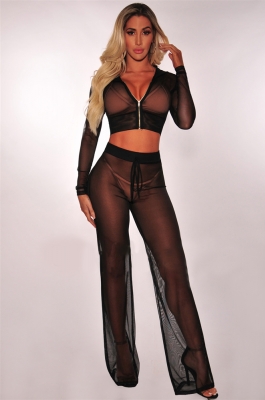 Women Sexy Sheer Crop Hoodie And Trousers Suit