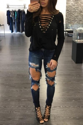 Women Sexy Bandage Deep V Hoodies and Tops with Hollows Black