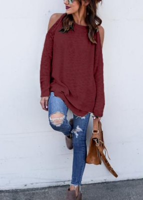 Solid color off-the-shoulder Casual Tops Wine Red