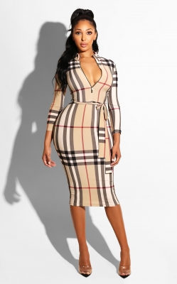 Plaid Printing With Zip In Front Bodycon Dress