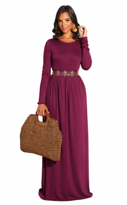 Wine Red Long Sleeve O-Neck Casual Maxi Dress( Not including the waistband)