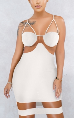 Women White Sexy Mesh Stitching Sling Bodycon Dress