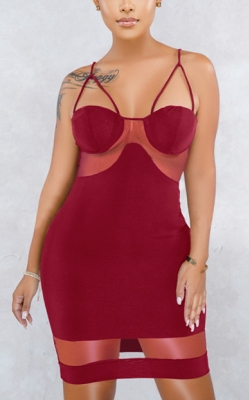 Women Sexy Mesh Stitching Sling Wine Red Bodycon Dress