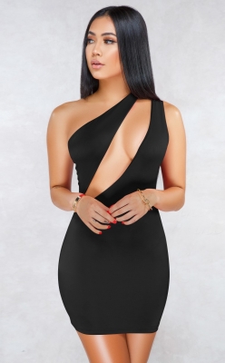 Women Black Sexy One Shoulder Hollow-out Bodycon Dress