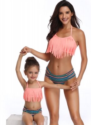 Pink Fringed Bikni Set Family Matching Swimsuit Girls Bathing Suit 