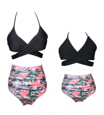 Black Crisscross Leaves Print Girl Swimwear  Family Matching Bikini Set
