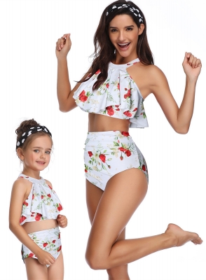 Halterneck Rose Print White Girl Bikini Set Family Matching Swimwear