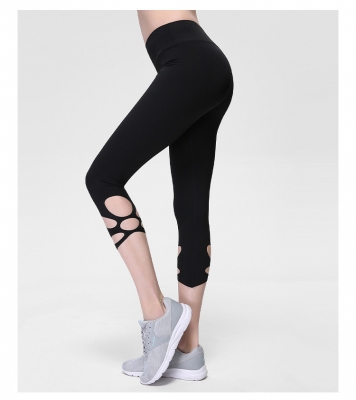 Black High-Waist Cropped Yoga Pants Shredded Sportss Women Pants