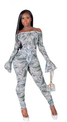 Dollars Print Off-shoulder Horn Sleeve Two-piece Suit