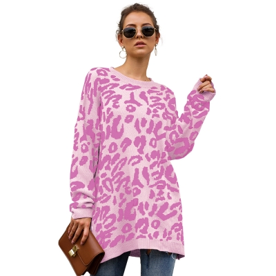 Women Leopard print knitted pull over sweaters Pink 