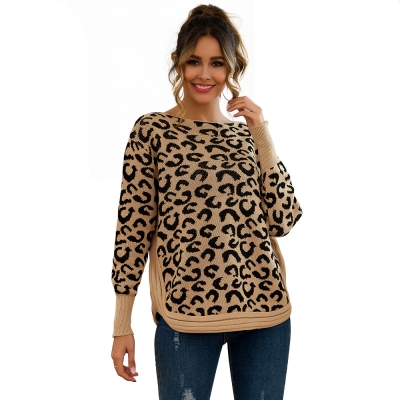 Women Leopard Print Patchwork Block Netted Texture Pullover Sweater Khaki