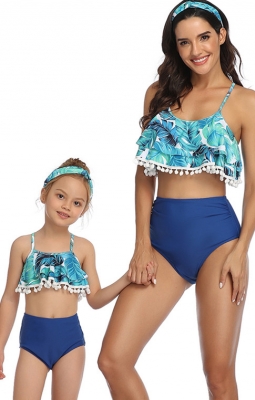 Blue Floral Printed Tassel Top Solid Bottom Two piece Swimwear 