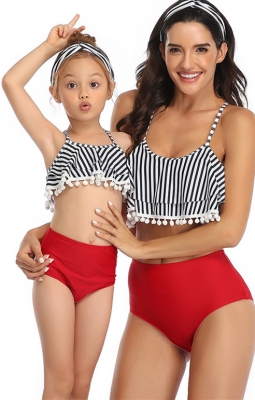 Striped White Tassel Top Red Solid Bottom Two Piece Swimsuit 