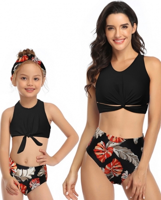 Black Front Knot Vest Floral Printed Bottom Two Piece Swimsuit