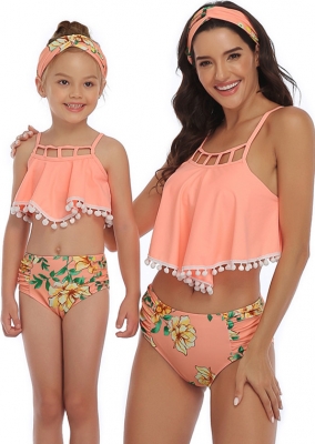 Orange Flounce Hollow Out Tassel Top Floral Printed Bottom High waist swimwear