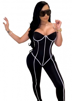 Black Sexy Women Spaghetti Straps Patchwork Jumpsuit Romper
