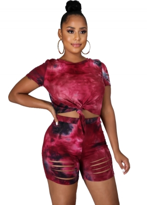 Women O-Neck Printed Twist Front Crop Top and Side Cutout Shorts Set