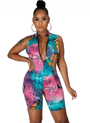 Women Butterfly Printed Zip Front Sleeveless Bodycon Rompers