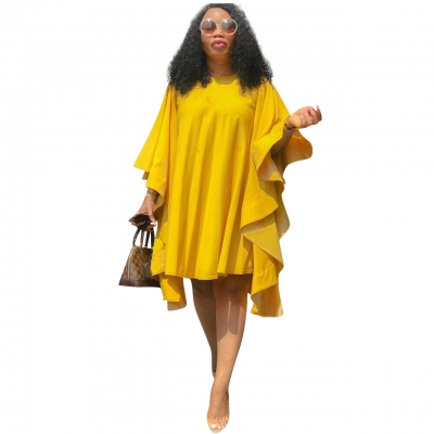 Long Sleeve Ruffles Solid Color Poncho Dress
