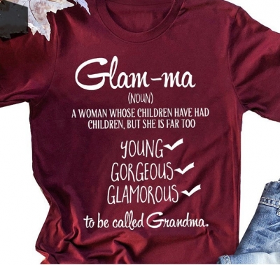  Women's Glam-ma Letter Graphic Print Tee Round Neck Short Sleeve T Shirt 
