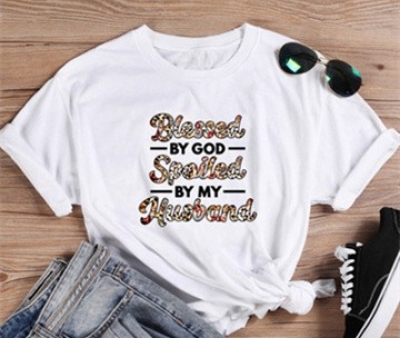  Women's Blessed By God Graphic Print Tee Round Neck Short Sleeve T Shirt 