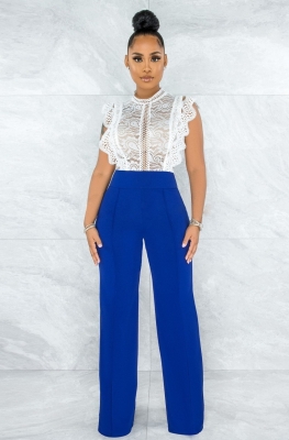 Women Stylish Sleeveless Lace Top and Straight Wide-leg Trouser with Back Zipper