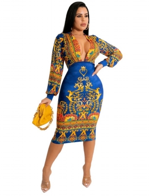 Long Sleeve V-neck Slim Waist Colorful Printed Bodycon Dress