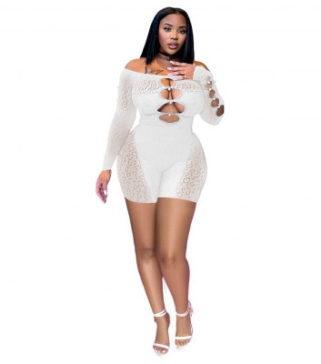 Thread Mesh Pearl Buckle Off Shoulder Sexy Jumpsuit Shorts