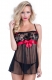 New Arrival Black Lace Floral Print Red Tie Sexy Babydoll