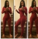 New ArrivalButton V-Neck  Long Sleeve Jumpsuits For Women Red