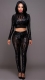 Women 2 Pieces Crop Top Sequin Bodycon Clubwear Party Pant  Set Black